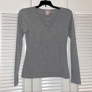 Gray Ribbed Cross Neck Top